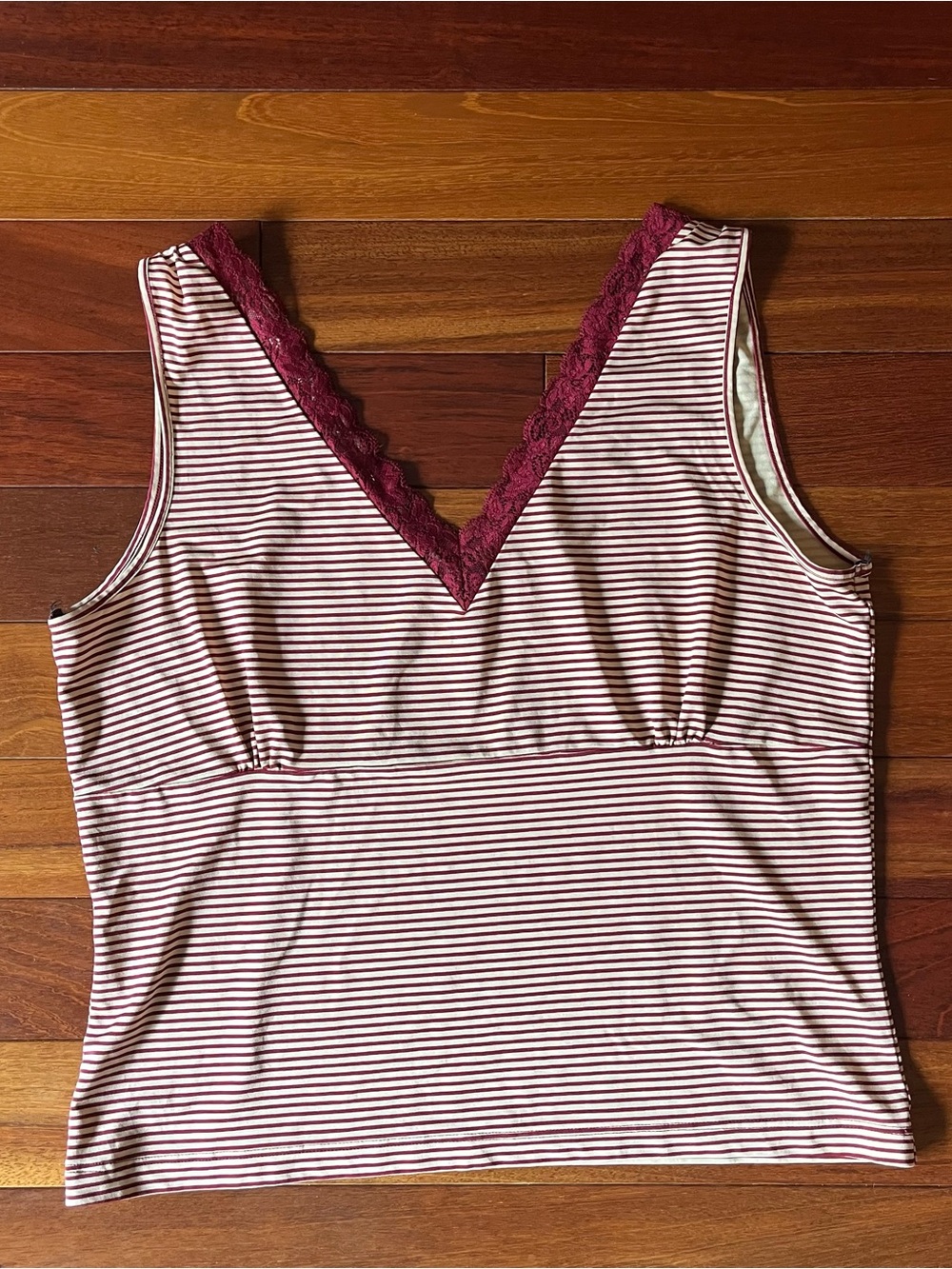 DKNY Burgundy & White Striped Lace-Trim Tank